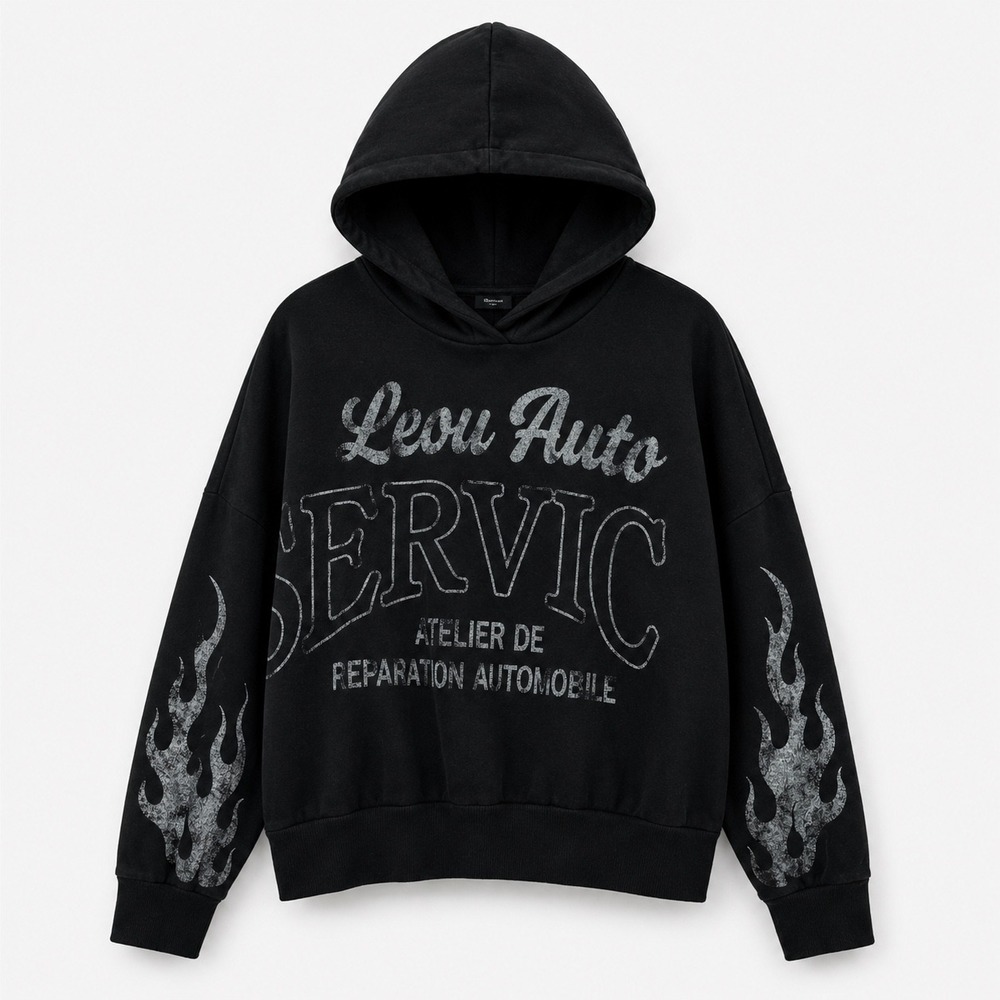 River Island Un_Planned Black Leon Auto Service Flame Graphic Hoodie Mens Large